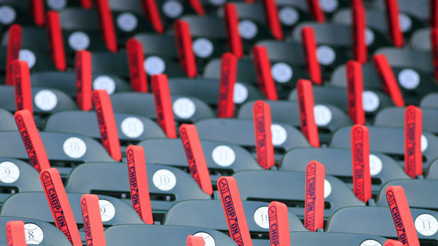 ATLANTA, GA - OCTOBER 07: Foam tomahawks line the seats prior to the Major League Baseball NLDS game between the Atlanta Braves and the Los Angeles Dodgers on October 7, 2018 at SunTrust Park in Atlanta, GA.