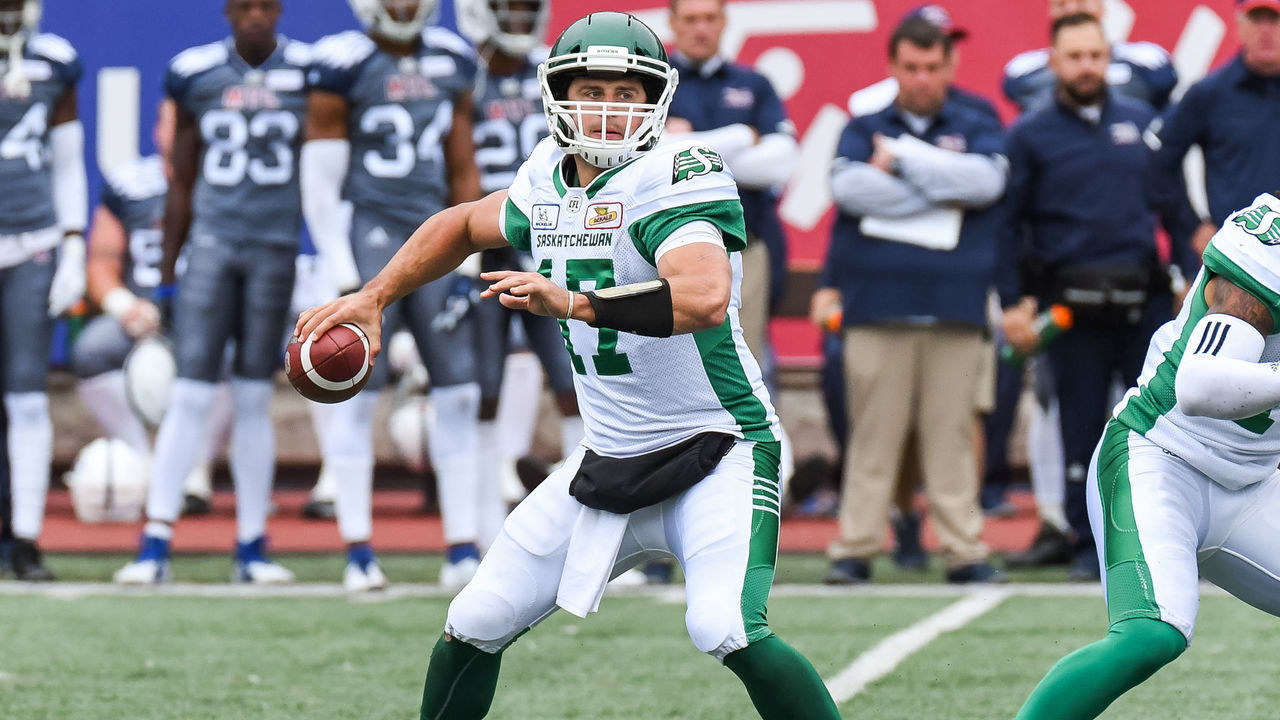MONTREAL, QC - SEPTEMBER 30: Saskatchewan Roughriders Quarterback Zach Collaros (17) passes the ball during the Saskatchewan Roughriders versus the Montreal Alouettes game on September 30, 2018, at Percival Molson Memorial Stadium in Montreal, QC