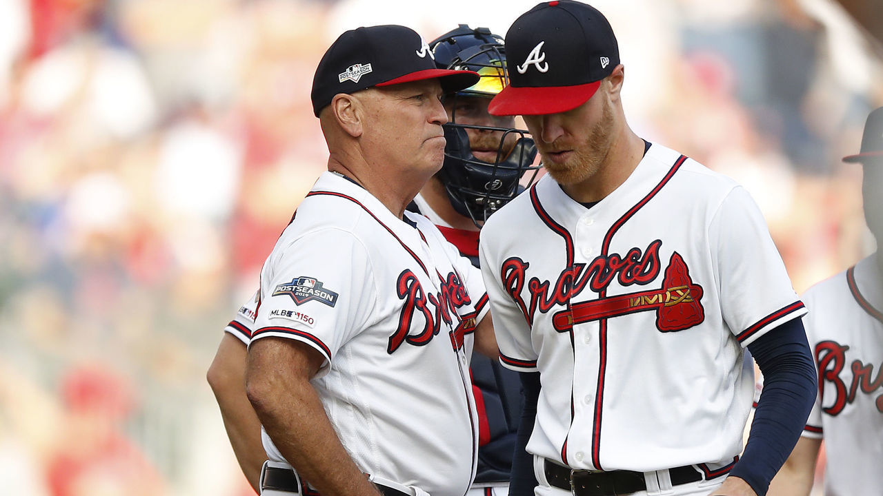 ATLANTA, GEORGIA - OCTOBER 09: Mike Foltynewicz #26 of the Atlanta Braves is removed from the game against the St. Louis Cardinals during the first inning in game five of the National League Division Series at SunTrust Park on October 09, 2019 in Atlanta, Georgia.
