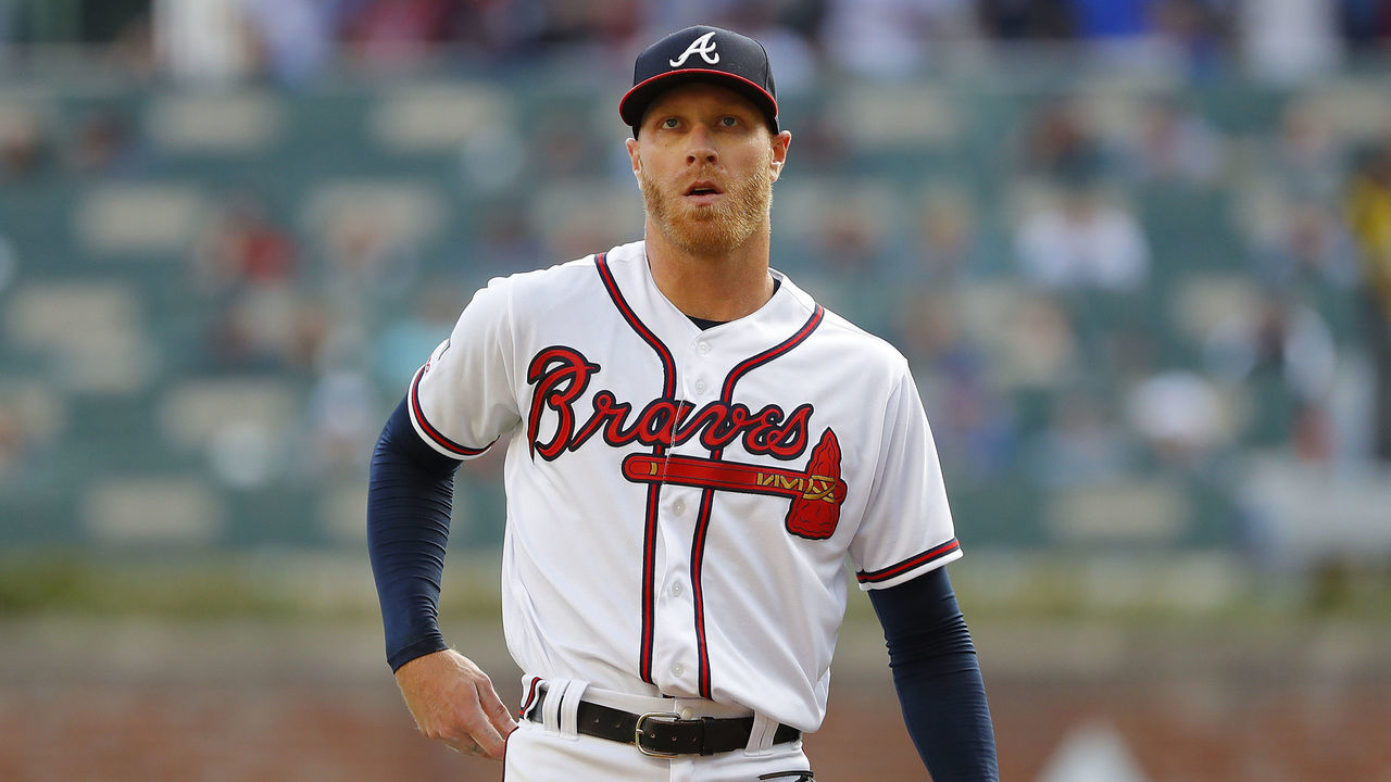 ATLANTA, GEORGIA - OCTOBER 09: Mike Foltynewicz #26 of the Atlanta Braves reacts after allowing a two-run double to Tommy Edman (not pictured) of the St. Louis Cardinals during the first inning in game five of the National League Division Series at SunTrust Park on October 09, 2019 in Atlanta, Georgia.
