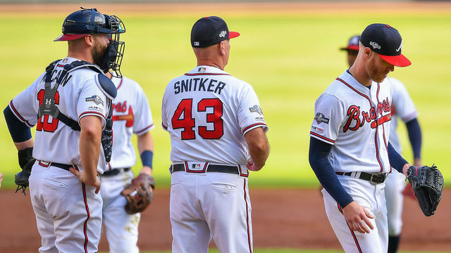 ATLANTA, GA OCTOBER 09: Atlanta Braves starting pitcher Mike Foltynewicz (26) departs after only one-third of an inning and the St. Louis Cardinals up by 7 runs during the National League Division Series game 5 between the St. Louis Cardinals and the Atlanta Braves on October 9th, 2019 at SunTrust Park in Atlanta, GA.