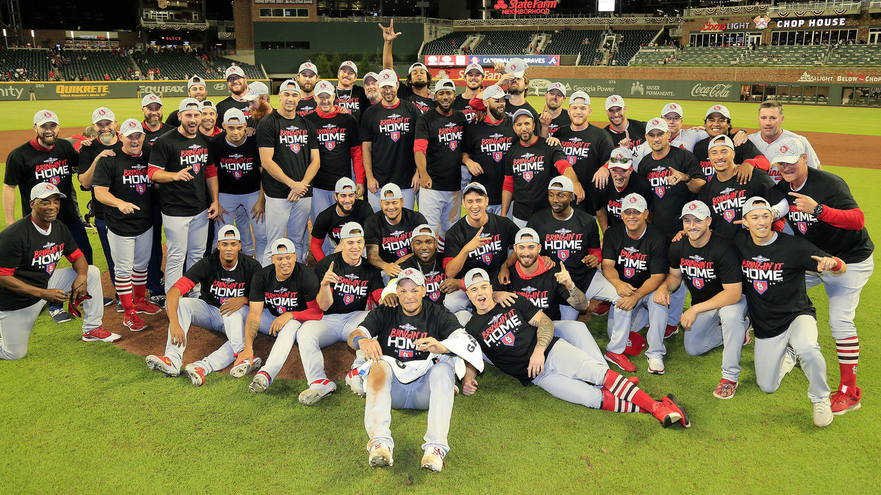 ATLANTA, GA - OCTOBER 09: The Cardinals celebrate winning the fifth and final game of the National League Division Series between the Atlanta Braves and the St. Louis Cardinals on October 9, 2019 at Suntrust Park in Atlanta, Georgia.