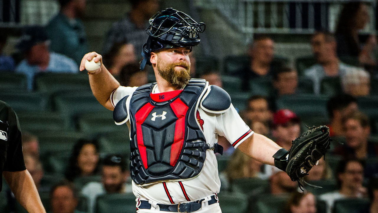 ATLANTA, GA - SEPTEMBER 05: Atlanta Braves catcher Brian McCann (16) during the MLB game between the Atlanta Braves and the Washington Nationals on September 5, 2019 at SunTrust Park in Atlanta, Georgia.
