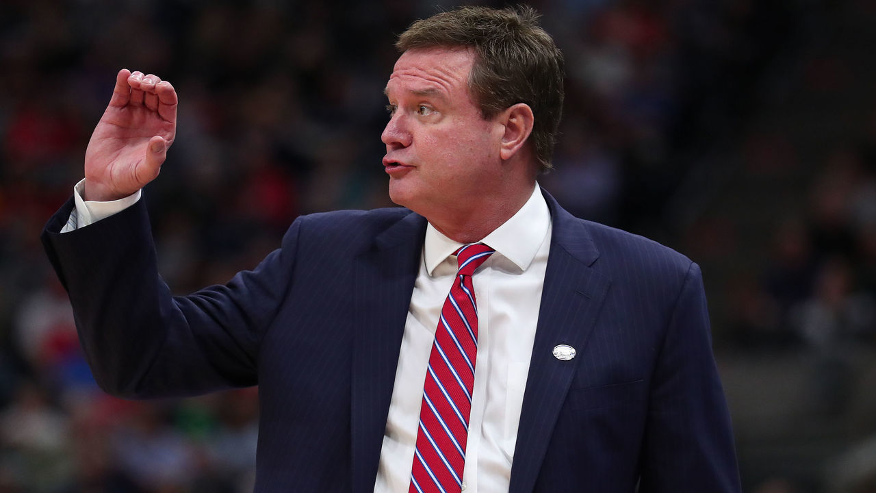 SALT LAKE CITY, UTAH - MARCH 23: Head coach Bill Self of the Kansas Jayhawks reacts to a play against the Auburn Tigers during their game in the Second Round of the NCAA Basketball Tournament at Vivint Smart Home Arena on March 23, 2019 in Salt Lake City, Utah.