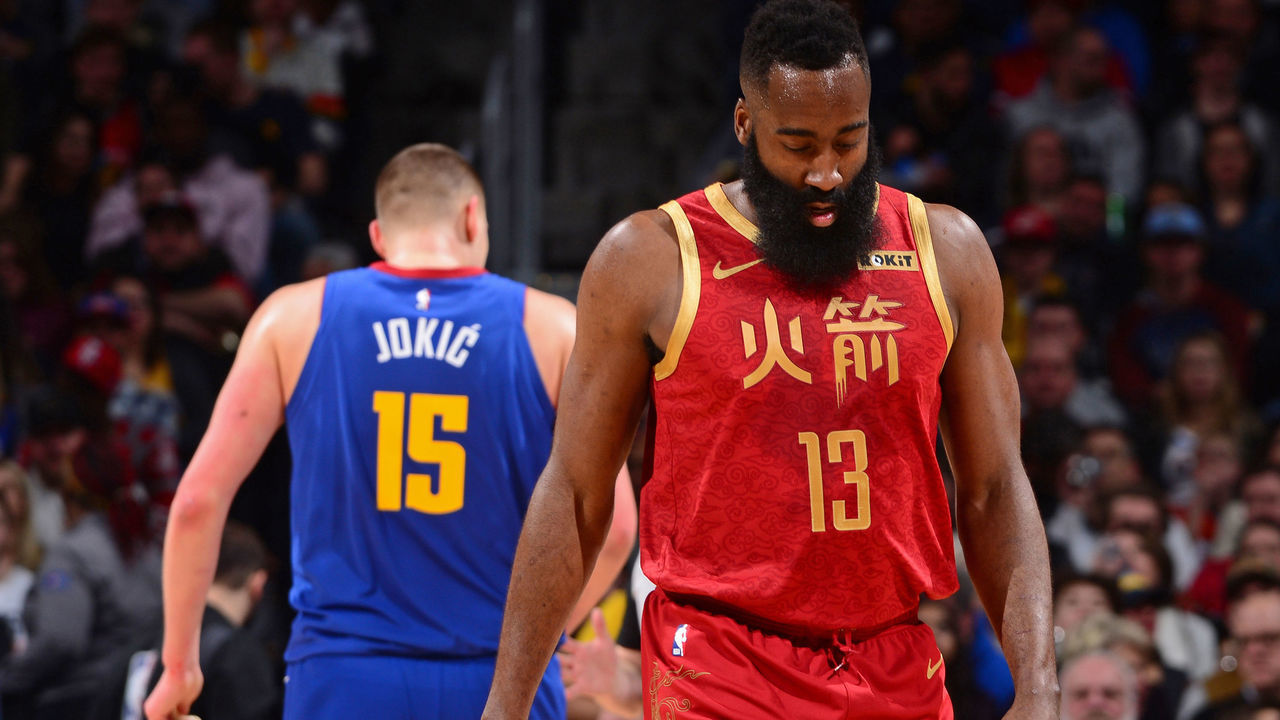 DENVER, CO - FEBRUARY 1: James Harden #13 of the Houston Rockets walks up court against the Denver Nuggets on February 1, 2019 at the Pepsi Center in Denver, Colorado. NOTE TO USER: User expressly acknowledges and agrees that, by downloading and/or using this Photograph, user is consenting to the terms and conditions of the Getty Images License Agreement. Mandatory Copyright Notice: Copyright 2019 NBAE
