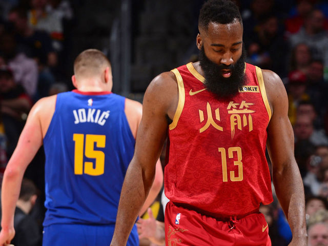 DENVER, CO - FEBRUARY 1: James Harden #13 of the Houston Rockets walks up court against the Denver Nuggets on February 1, 2019 at the Pepsi Center in Denver, Colorado. NOTE TO USER: User expressly acknowledges and agrees that, by downloading and/or using this Photograph, user is consenting to the terms and conditions of the Getty Images License Agreement. Mandatory Copyright Notice: Copyright 2019 NBAE