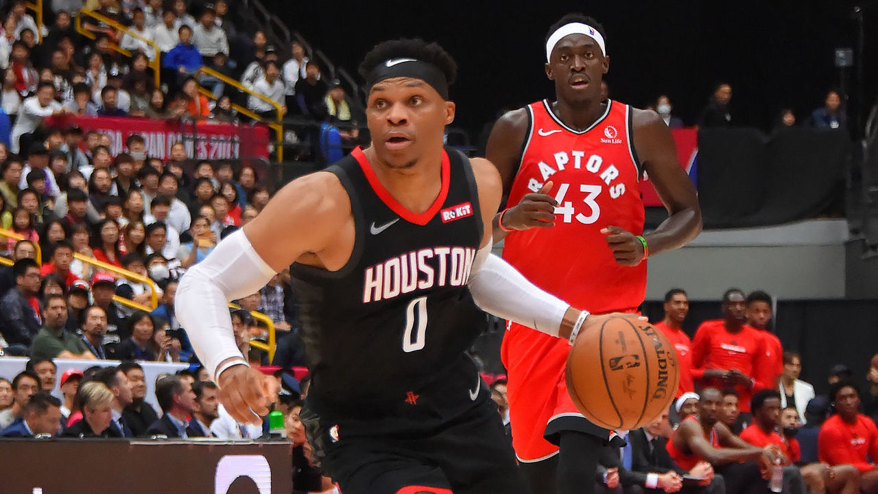 SAITAMA, JAPAN - OCTOBER 10: Russell Westbrook #0 of the Houston Rockets handles the ball against the Toronto Raptors during the 2019 NBA Japan Game on October 10, 2019 at Saitama Super Arena in Saitama, Japan. NOTE TO USER: User expressly acknowledges and agrees that, by downloading and/or using this Photograph, user is consenting to the terms and conditions of the Getty Images License Agreement. Mandatory Copyright Notice: Copyright 2019 NBAE