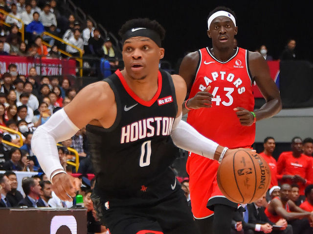 SAITAMA, JAPAN - OCTOBER 10: Russell Westbrook #0 of the Houston Rockets handles the ball against the Toronto Raptors during the 2019 NBA Japan Game on October 10, 2019 at Saitama Super Arena in Saitama, Japan. NOTE TO USER: User expressly acknowledges and agrees that, by downloading and/or using this Photograph, user is consenting to the terms and conditions of the Getty Images License Agreement. Mandatory Copyright Notice: Copyright 2019 NBAE
