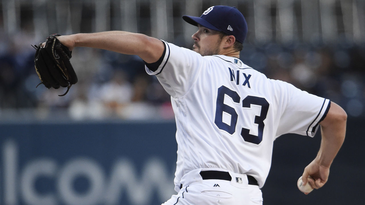 SAN DIEGO, CA - SEPTEMBER 29: Jacob Nix #63 of the San Diego Padres pitches during the first inning of a baseball game against the Arizona Diamondbacks at PETCO Park on September 29, 2018 in San Diego, California.