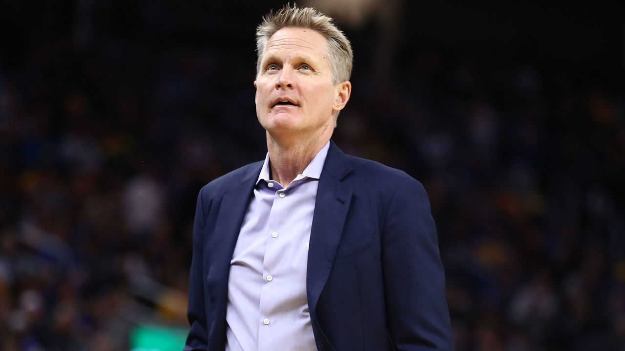 SAN FRANCISCO, CALIFORNIA - OCTOBER 05: Head coach Steve Kerr of the Golden State Warriors stands on the side of the court during their game against the Los Angeles Lakers at Chase Center on October 05, 2019 in San Francisco, California.