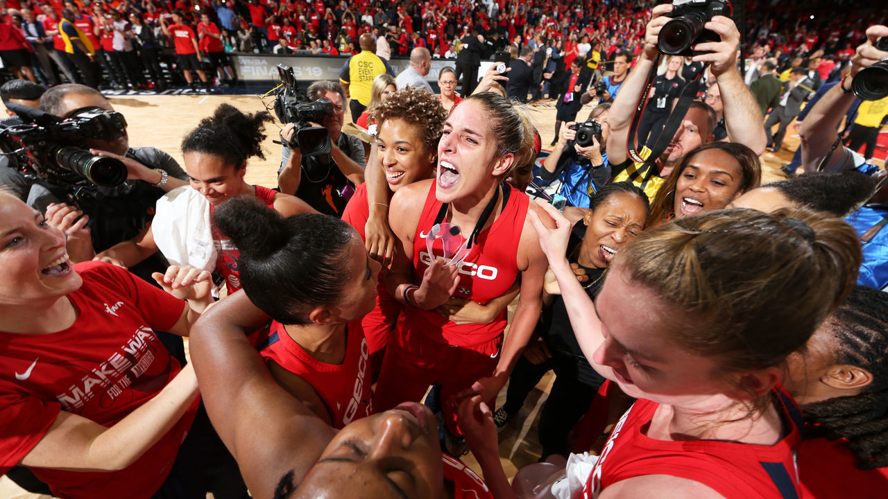 WASHINGTON, DC - OCTOBER 10: The the Washington Mystics celebrate after a win against the Connecticut Sun during Game Five of the 2019 WNBA Finals on October 10, 2019 at St Elizabeths East Entertainment & Sports Arena in Washington, DC. Mandatory Copyright Notice: Copyright 2019 NBAE