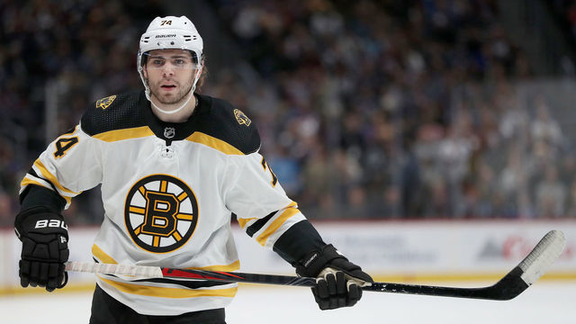 DENVER, COLORADO - OCTOBER 10: Jake DeBrusk #74 of the Boston Bruins plays the Colorado Avalanche at the Pepsi Center on October 10, 2019 in Denver, Colorado.