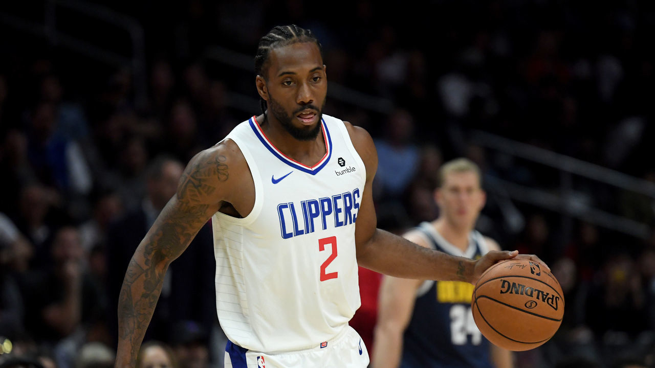 LOS ANGELES, CALIFORNIA - OCTOBER 10: Kawhi Leonard #2 of the LA Clippers dribbles during a 111-91 Denver Nuggets preseason win at Staples Center on October 10, 2019 in Los Angeles, California.