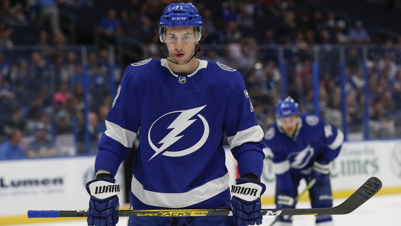 TAMPA, FL - SEPTEMBER 17: Tampa Bay Lightning center Anthony Cirelli (71) during the NHL Preseason game between the Carolina Hurricanes and Tampa Bay Lightning on September 17, 2019 at Amalie Arena in Tampa, FL.