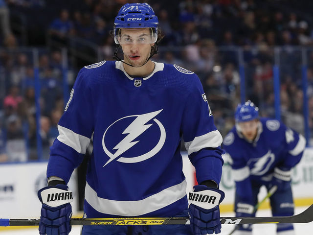 TAMPA, FL - SEPTEMBER 17: Tampa Bay Lightning center Anthony Cirelli (71) during the NHL Preseason game between the Carolina Hurricanes and Tampa Bay Lightning on September 17, 2019 at Amalie Arena in Tampa, FL.