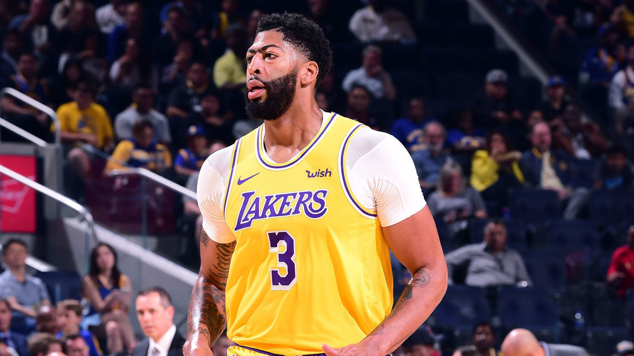 SAN FRANCISCO, CA - OCTOBER 5: Anthony Davis #3 of the Los Angeles Lakers looks on against the Golden State Warriors during a pre-season game on October 5, 2019 at Chase Center in San Francisco, California. NOTE TO USER: User expressly acknowledges and agrees that, by downloading and/or using this Photograph, user is consenting to the terms and conditions of the Getty Images License Agreement. Mandatory Copyright Notice: Copyright 2019 NBAE