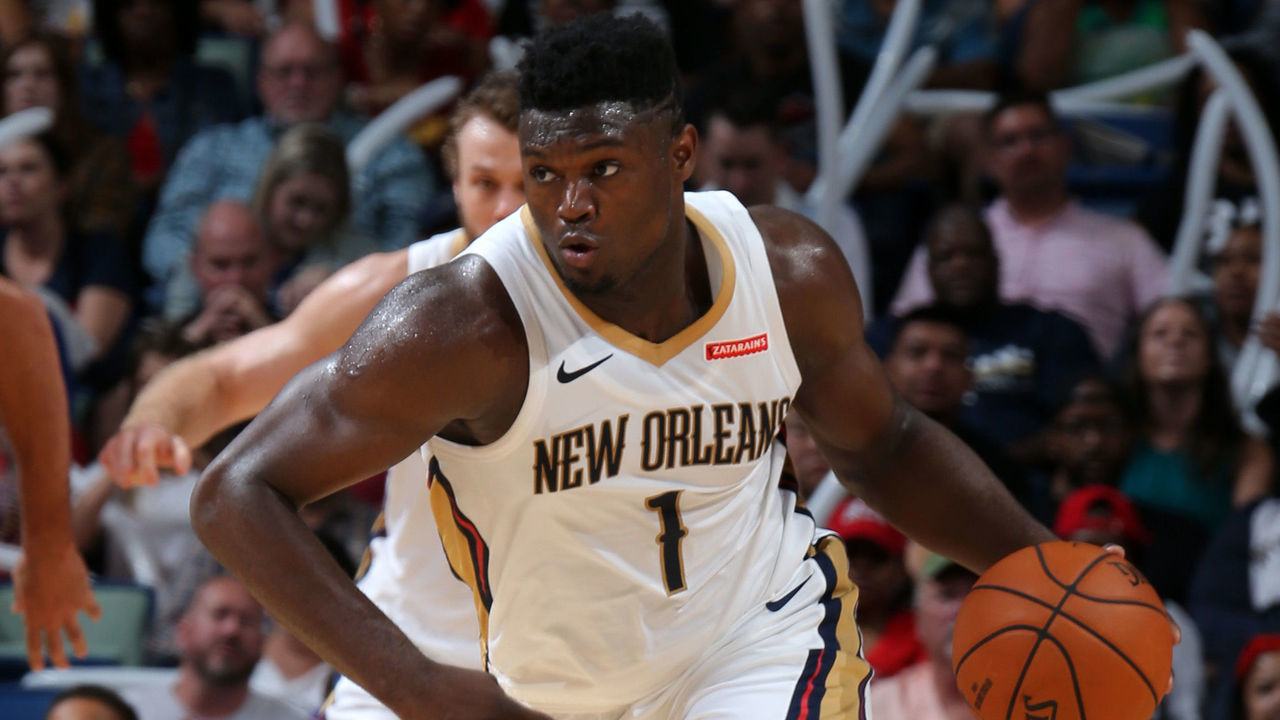 NEW ORLEANS, LA - October 11: Zion Williamson #1 of the New Orleans Pelicans handles the ball during a pre-season game against the Utah Jazz on October 11, 2019 at the Smoothie King Center in New Orleans, Louisiana. Mandatory Copyright Notice: Copyright 2019 NBAE