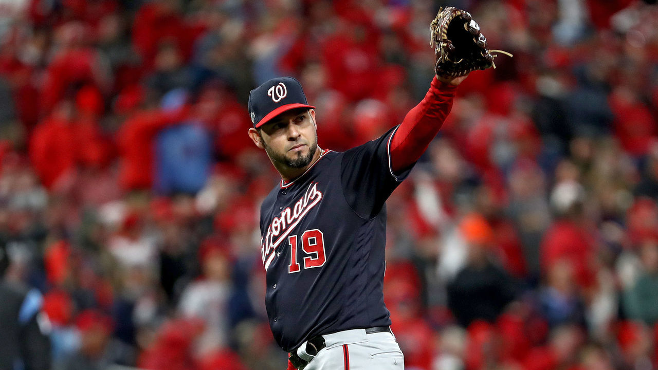 ST LOUIS, MISSOURI - OCTOBER 11: Anibal Sanchez #19 of the Washington Nationals acknowledges Jose Martinez (not pictured) of the St. Louis Cardinals who singled to secure the first base hit of the game for his team during the eighth inning in game one of the National League Championship Series at Busch Stadium on October 11, 2019 in St Louis, Missouri.