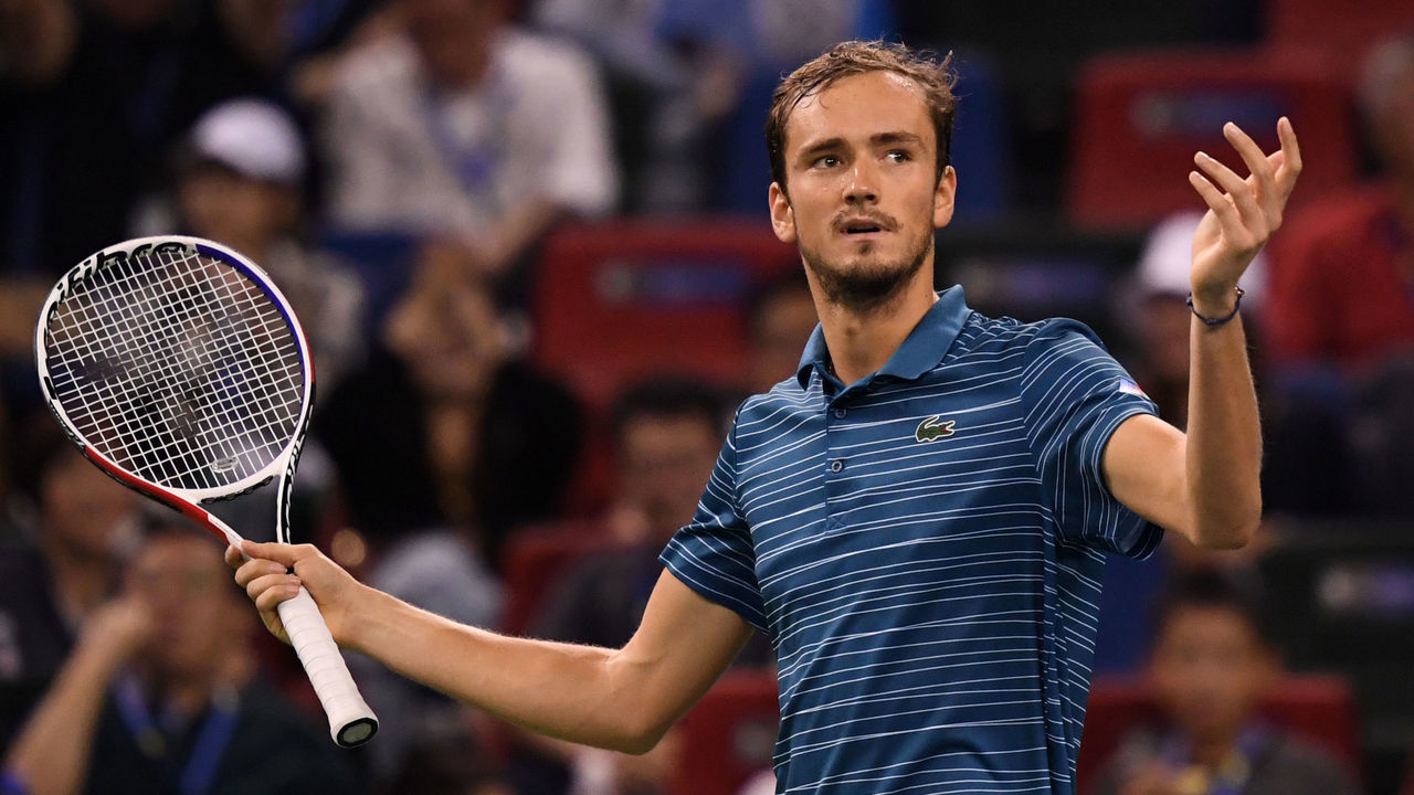 Daniil Medvedev of Russia reacts while playing against Stefanos Tsitsipas of Greece during their men's singles semi-final match at the Shanghai Masters tennis tournament in Shanghai on October 12, 2019.
