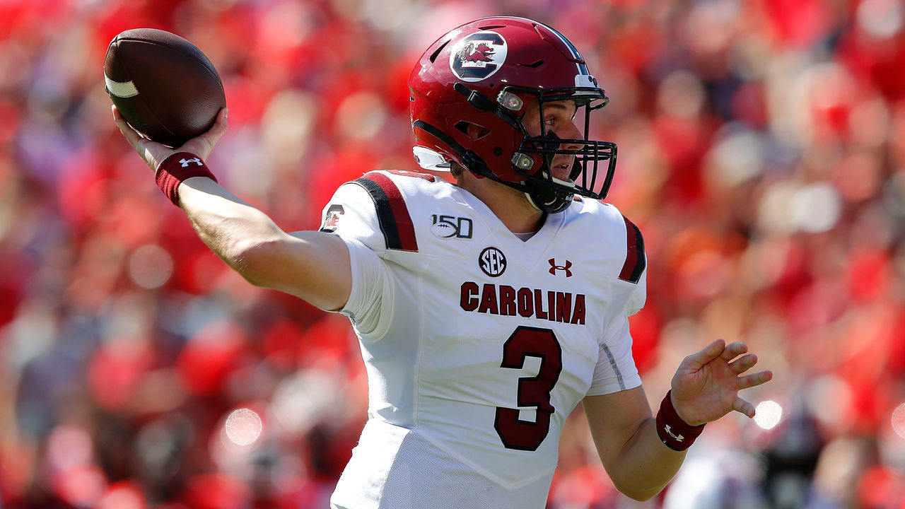 ATHENS, GEORGIA - OCTOBER 12: Ryan Hilinski #3 of the South Carolina Gamecocks looks to pass against the Georgia Bulldogs in the first half at Sanford Stadium on October 12, 2019 in Athens, Georgia.