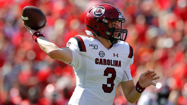 ATHENS, GEORGIA - OCTOBER 12: Ryan Hilinski #3 of the South Carolina Gamecocks looks to pass against the Georgia Bulldogs in the first half at Sanford Stadium on October 12, 2019 in Athens, Georgia.
