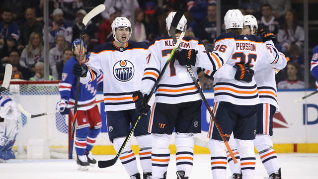 NEW YORK, NEW YORK - OCTOBER 12: The Edmonton Oilers celebrate a goal by Oscar Klefbom #77 against the New York Rangers at 6:45 of the second period at Madison Square Garden on October 12, 2019 in New York City.