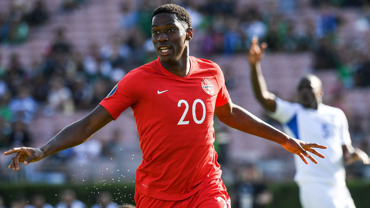 PASADENA, CA - JUNE 15: Jonathan David #20 of Canada celebrates his goal during the 2019 CONCACAF Gold Cup Group A match between Canada and Martinique at the Rose Bowl on June 15, 2019 in Pasadena, California. Canada won the match 4-0