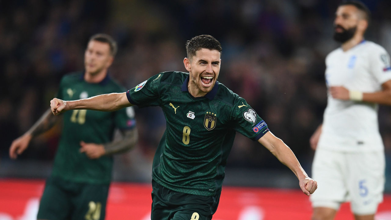 ROME, ITALY - OCTOBER 12: Jorginho of Italy celebrates after scoring the opening goal during the UEFA Euro 2020 qualifier between Italy and Greece on October 12, 2019 in Rome, Italy.