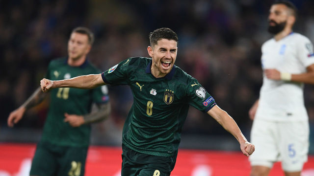 ROME, ITALY - OCTOBER 12: Jorginho of Italy celebrates after scoring the opening goal during the UEFA Euro 2020 qualifier between Italy and Greece on October 12, 2019 in Rome, Italy.