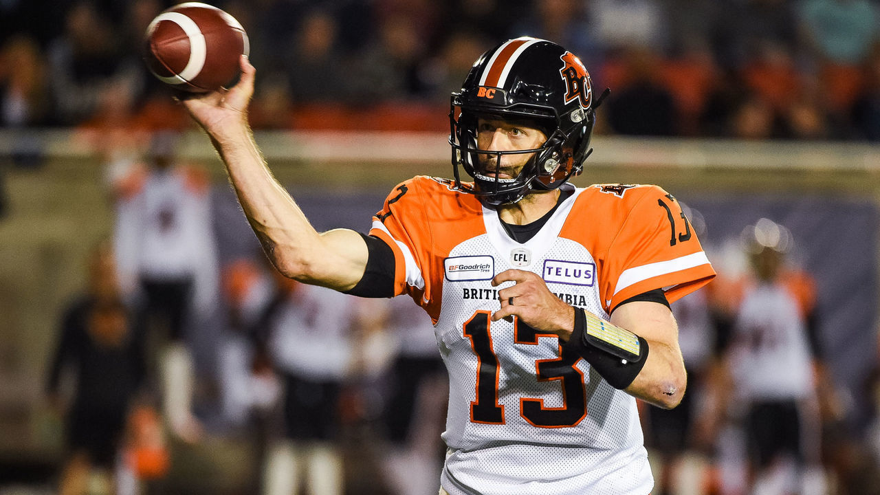 MONTREAL, QC - SEPTEMBER 06: BC Lions Quarterback Mike Reilly (13) passes the ball during the BC Lions versus the Montreal Alouettes game on September 6, 2019, at Percival Molson Memorial Stadium in Montreal, QC