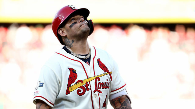 ST LOUIS, MISSOURI - OCTOBER 12: Catcher Yadier Molina #4 of the St. Louis Cardinals reacts after hitting into a double play to end the seventh inning of game two of the National League Championship Series against the Washington Nationals at Busch Stadium on October 12, 2019 in St Louis, Missouri.