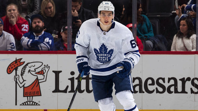 DETROIT, MI - OCTOBER 12: Ilya Mikheyev #65 of the Toronto Maple Leafs skates up ice during an NHL game against the Detroit Red Wings at Little Caesars Arena on October 12, 2019 in Detroit, Michigan. Toronto defeated Detroit 5-2.