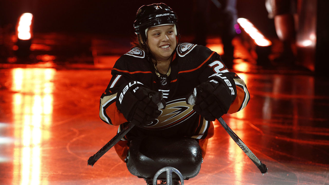 ANAHEIM, CA - OCTOBER 3: Lera Doederlein, this year's 21st Duck takes the ice on Opening Night to start the game between the Anaheim Ducks and the Arizona Coyotes at Honda Center on October 3, 2019 in Anaheim, California.