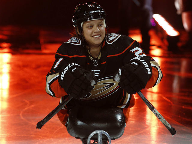 ANAHEIM, CA - OCTOBER 3: Lera Doederlein, this year's 21st Duck takes the ice on Opening Night to start the game between the Anaheim Ducks and the Arizona Coyotes at Honda Center on October 3, 2019 in Anaheim, California.