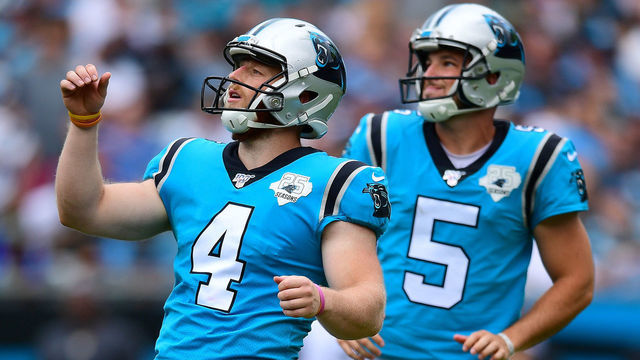 CHARLOTTE, NORTH CAROLINA - OCTOBER 06: Joey Slye #4 of the Carolina Panthers after missing a field goal attempt during the second half of their game against the Jacksonville Jaguars at Bank of America Stadium on October 06, 2019 in Charlotte, North Carolina.