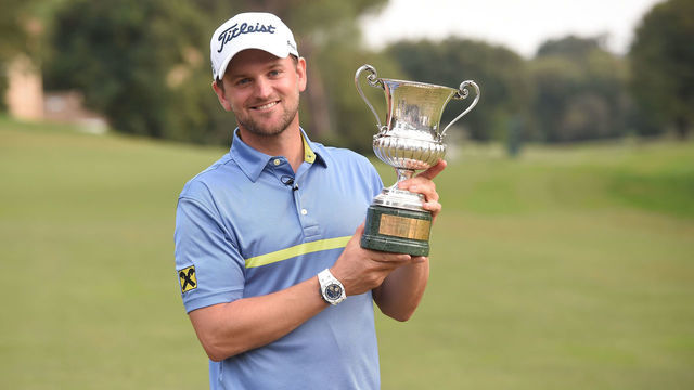 ROME, ITALY - OCTOBER 13: Bernd Wiesberger of Austria poses with the winner trophy at the end of the Round 4 at Olgiata Golf Club on October 13, 2019 in Rome, Italy.
