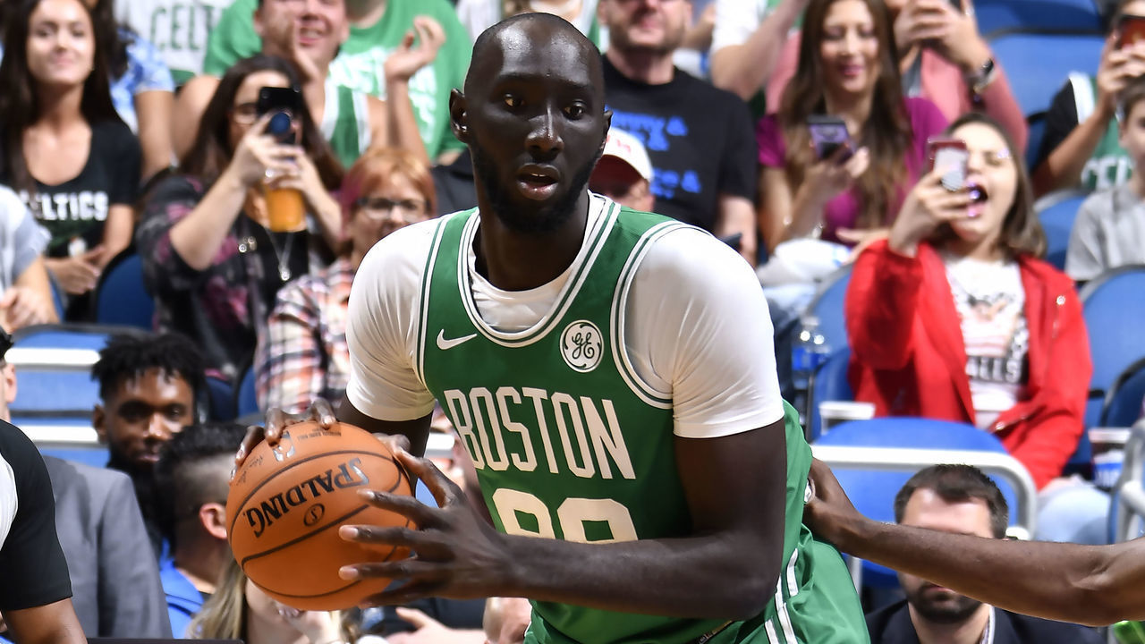 ORLANDO, FL - OCTOBER 11: Tacko Fall #99 of the Boston Celtics handles the ball against the Orlando Magic during a pre-season game on October 11, 2019 at Amway Center in Orlando, Florida. Mandatory Copyright Notice: Copyright 2019 NBAE