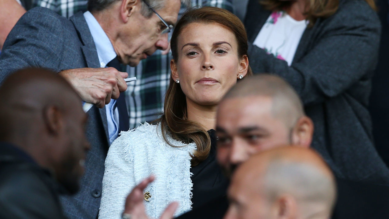 LIVERPOOL, ENGLAND - AUGUST 12: Coleen Rooney, wife of Wayne Rooney looks on from the stands during the Premier League match between Everton and Stoke City at Goodison Park on August 12, 2017 in Liverpool, England.
