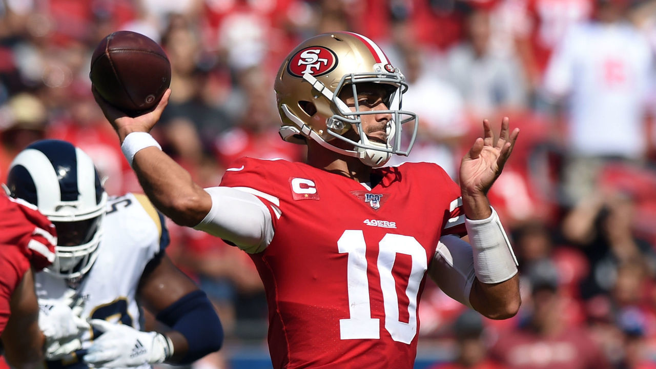 LOS ANGELES, CA - OCTOBER 13: San Francisco 49ers Quarterback Jimmy Garoppolo (10) throws a pass during an NFL game between the San Francisco 49ers and the Los Angeles Rams on October 13, 2019, at the Los Angeles Memorial Coliseum in Los Angeles, CA.