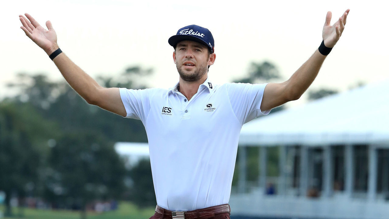 HUMBLE, TEXAS - OCTOBER 13: Lanto Griffin of the United States reacts to his putt on the 18th green to win during the final round of the Houston Open at the Golf Club of Houston on October 13, 2019 in Humble, Texas.