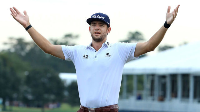 HUMBLE, TEXAS - OCTOBER 13: Lanto Griffin of the United States reacts to his putt on the 18th green to win during the final round of the Houston Open at the Golf Club of Houston on October 13, 2019 in Humble, Texas.