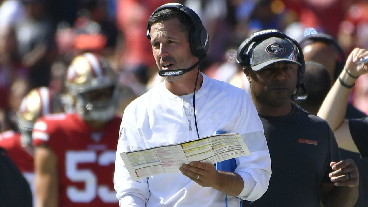 LOS ANGELES, CA - OCTOBER 13: Head coach Kyle Shanahan of the San Francisco 49ers on the sideline while playing the Los Angeles Rams at Los Angeles Memorial Coliseum on October 13, 2019 in Los Angeles, California.
