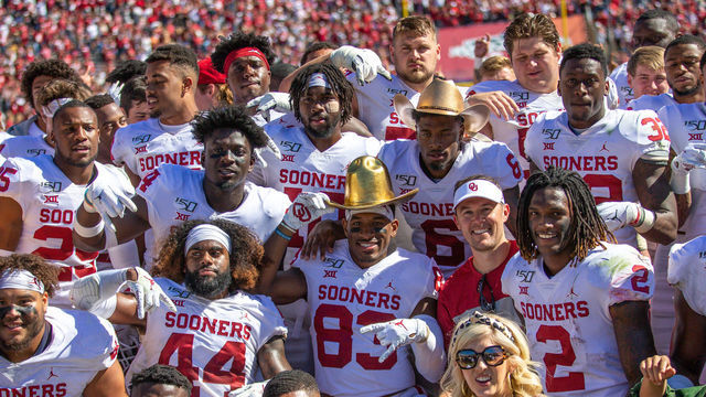 DALLAS, TX - OCTOBER 12: Oklahoma Sooners pose for photos after winning the Big 12 Red River Showdown game against the Texas Longhorns on October 12, 2019 at Cotton Bowl Stadium in Dallas, Texas.