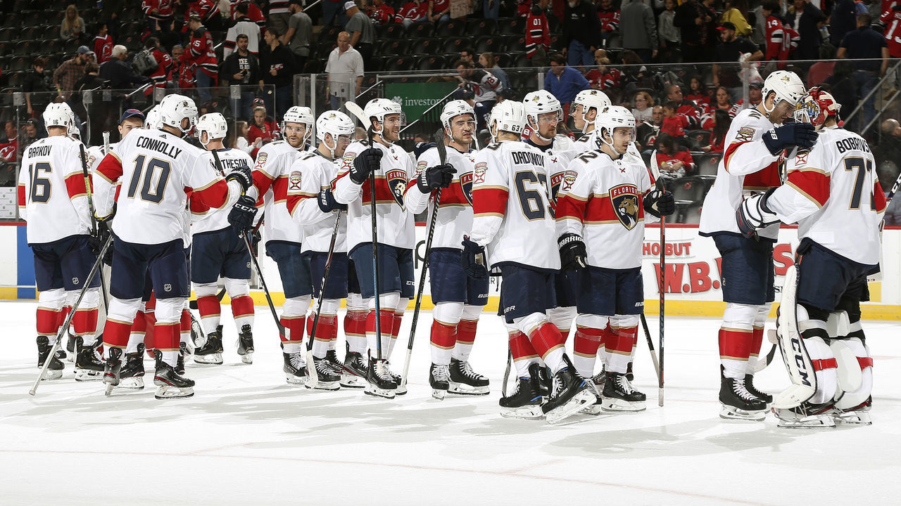 NEWARK, NJ- OCTOBER 14: The Florida Panthers celebrate after defeating the New Jersey Devils 5-4 on October 14, 2019 at Prudential Center in Newark, New Jersey.