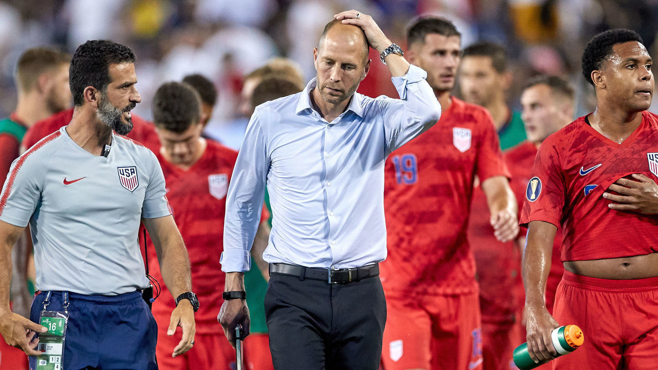 NASHVILLE, TN - JULY 03: United States head coach Gregg Berhalter looks on during the Gold Cup semifinal match between the United States and Jamaica on July 3, 2019 at Nissan Stadium in Nashville, Tennessee.