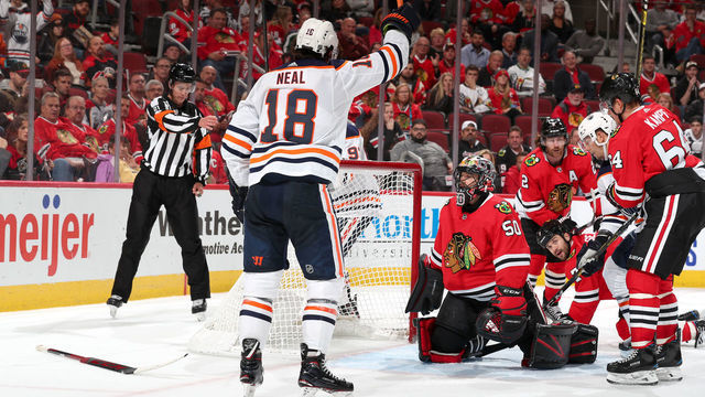 CHICAGO, IL - OCTOBER 14: James Neal #18 of the Edmonton Oilers reacts after scoring against the Chicago Blackhawks in the third period at the United Center on October 14, 2019 in Chicago, Illinois.