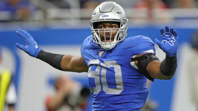 DETROIT, MI - SEPTEMBER 29: Trey Flowers #90 of the Detroit Lions reacts to a third down stop during the game against the Kansas City Chiefs at Ford Field on September 29, 2019 in Detroit, Michigan. Kansas City defeated Detroit 34-30.