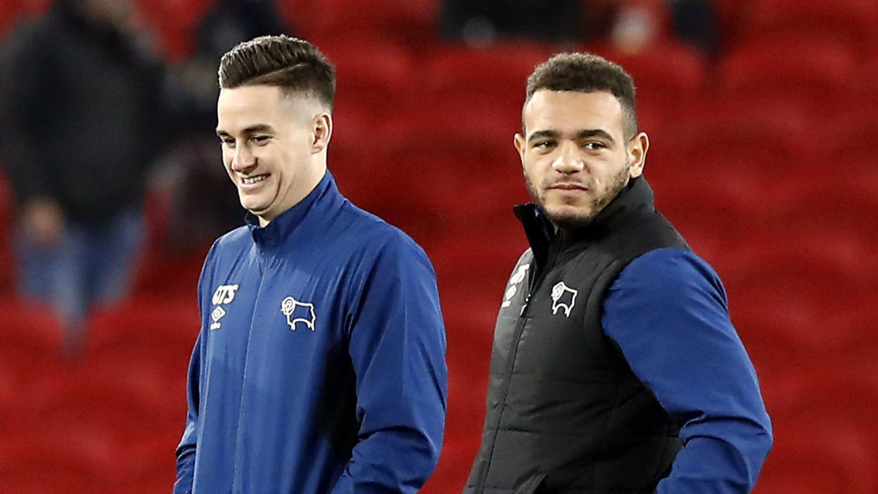Derby County's Chris Martin, Johnny Russell, Tom Lawrence and Mason Bennett prior to the FA Cup, third round match at Old Trafford, Manchester.