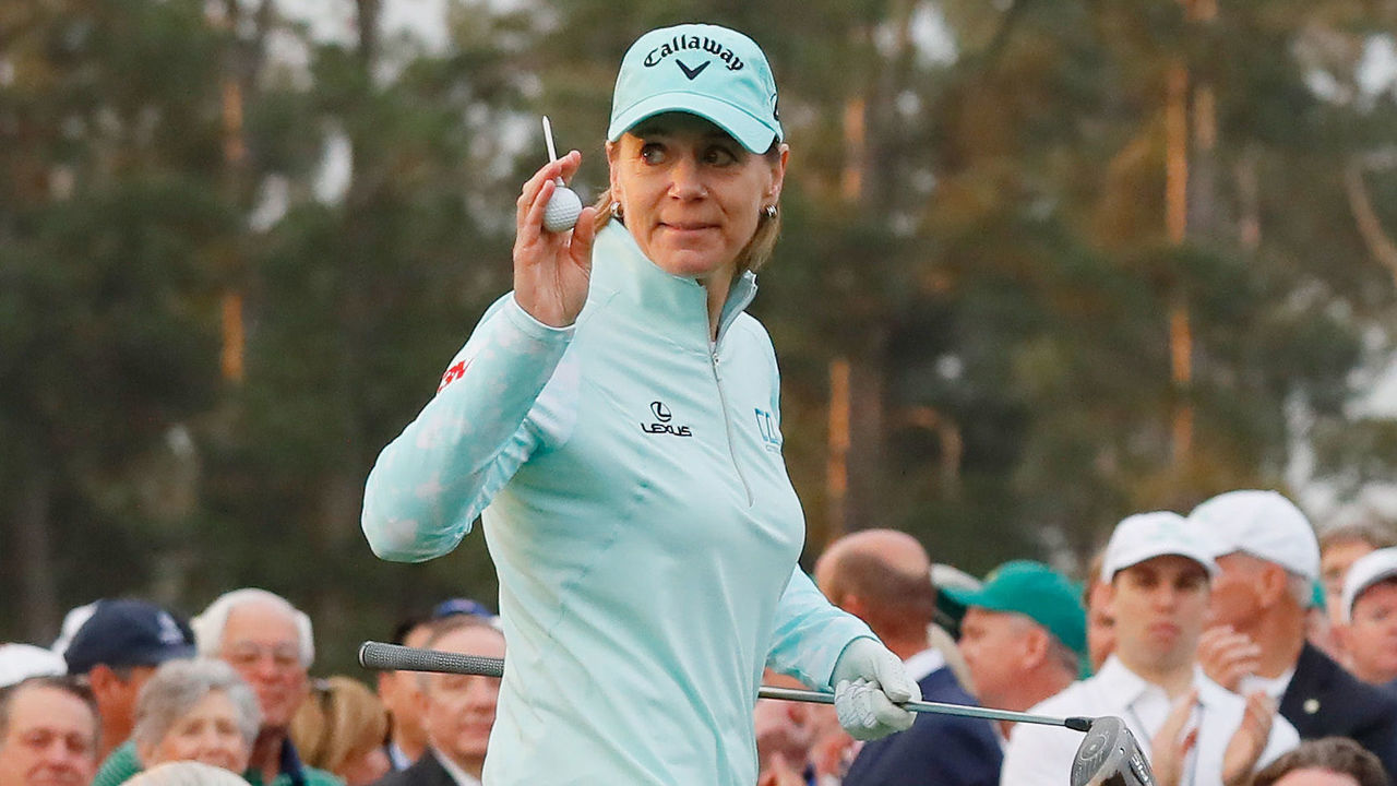 AUGUSTA, GEORGIA - APRIL 06: Annika Sorenstam of Sweden takes part in the First Tee ceremony prior to the start of the final round of the Augusta National Women's Amateur at Augusta National Golf Club on April 06, 2019 in Augusta, Georgia.