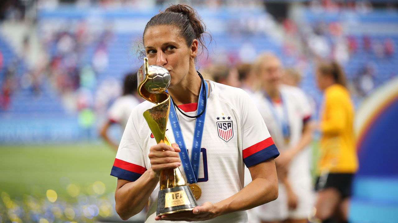 LYON, FRANCE - JULY 07: Carli Lloyd of USA celebrates with the FIFA Womens world cup trophy during the 2019 FIFA Women's World Cup France Final match between Winner The United States of America and Netherlands at Stade de Lyon on July 7, 2019 in Lyon, France.